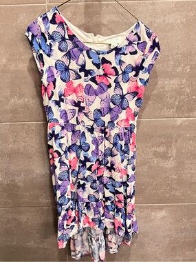 Girls Butterfly Print Cap Sleeve Dress - Pink, Purple, Blue